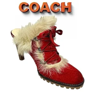 Coach Women’s Red Suede-Faux Fur Mules Heels Kristy Italy 8.5 B Made In Italy