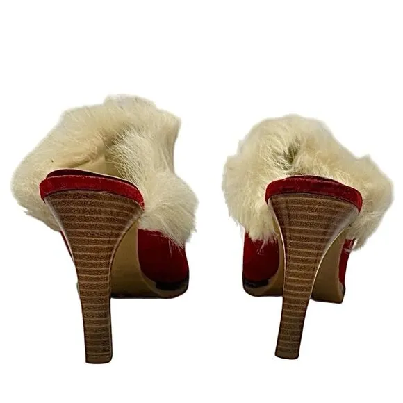 Coach Women’s Red Suede-Faux Fur Mules Heels Kristy Italy 8.5 B Made In Italy
