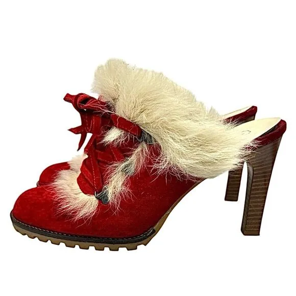 Coach Women’s Red Suede-Faux Fur Mules Heels Kristy Italy 8.5 B Made In Italy