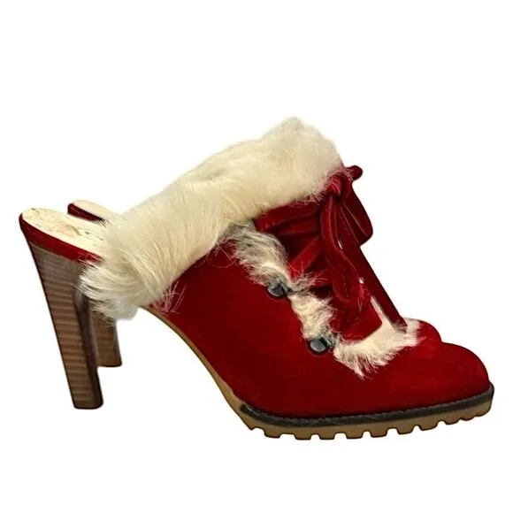 Coach Women’s Red Suede-Faux Fur Mules Heels Kristy Italy 8.5 B Made In Italy