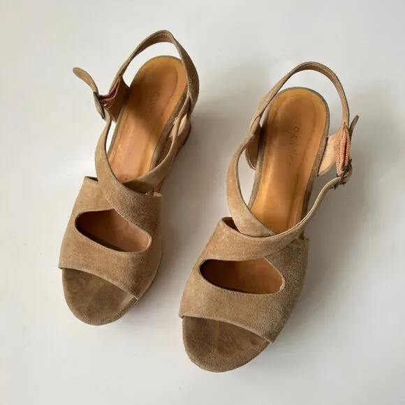 Coclico Tan Brown Suede Leather Cork Platform Wedge Sandals Summer Dressy 39 / 8