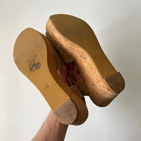 Coclico Tan Brown Suede Leather Cork Platform Wedge Sandals Summer Dressy 39 / 8