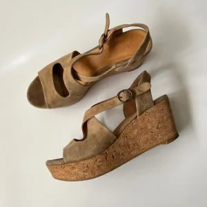 Coclico Tan Brown Suede Leather Cork Platform Wedge Sandals Summer Dressy 39 / 8
