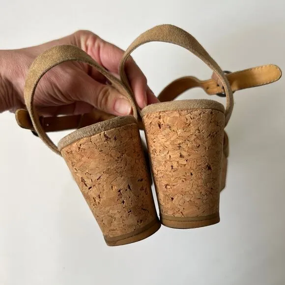 Coclico Tan Brown Suede Leather Cork Platform Wedge Sandals Summer Dressy 39 / 8