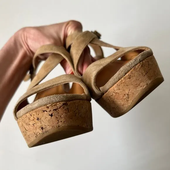 Coclico Tan Brown Suede Leather Cork Platform Wedge Sandals Summer Dressy 39 / 8