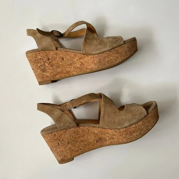 Coclico Tan Brown Suede Leather Cork Platform Wedge Sandals Summer Dressy 39 / 8