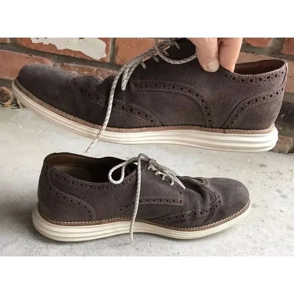 cole haan lunargrand Wing Tip Oxford Chestnut Suede Leather 10.5 M Mens