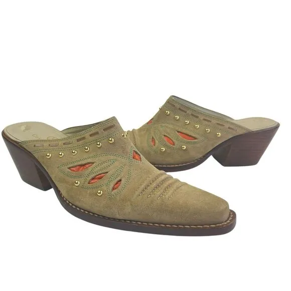 Cole Haan Morgan Suede Cowgirl Slip on Mules 7.5 Suede Western 70s Boho Shoe