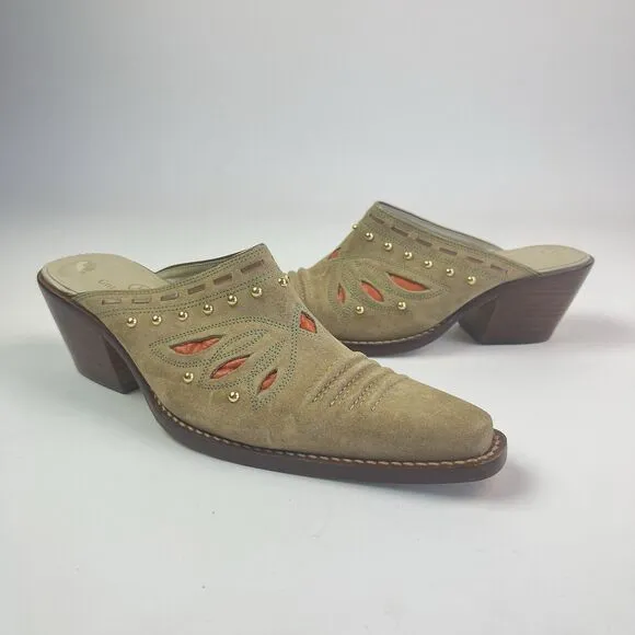 Cole Haan Morgan Suede Cowgirl Slip on Mules 7.5 Suede Western 70s Boho Shoe