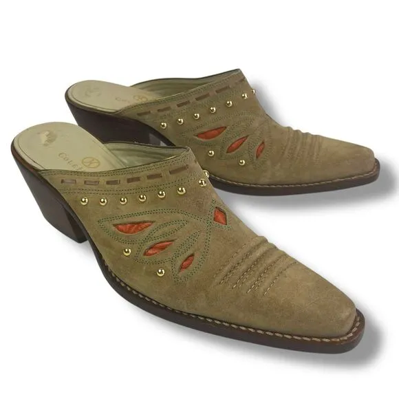 Cole Haan Morgan Suede Cowgirl Slip on Mules 7.5 Suede Western 70s Boho Shoe