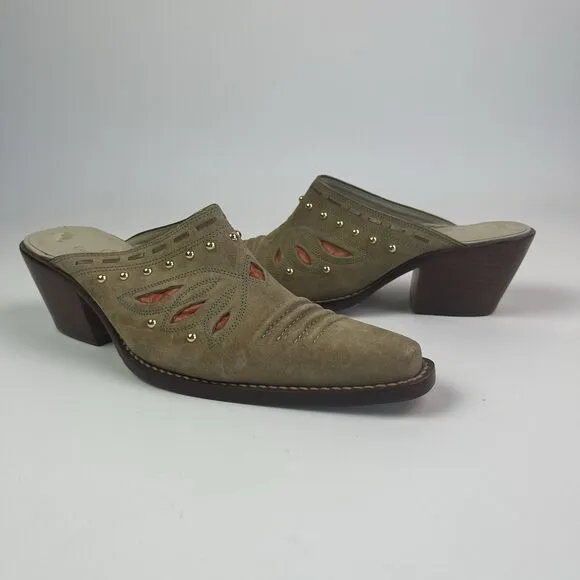 Cole Haan Morgan Suede Cowgirl Slip on Mules 7.5 Suede Western 70s Boho Shoe