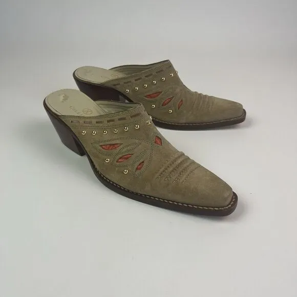 Cole Haan Morgan Suede Cowgirl Slip on Mules 7.5 Suede Western 70s Boho Shoe