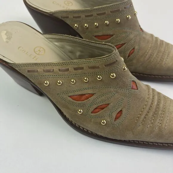 Cole Haan Morgan Suede Cowgirl Slip on Mules 7.5 Suede Western 70s Boho Shoe