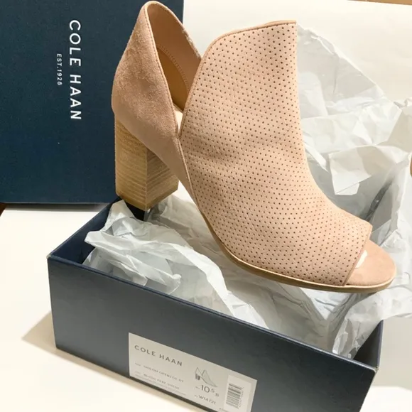 Cole Haan Shiloh Blush Suede Leather Open Toe Heeled Bootie 75mm Ankle Boot 10.5