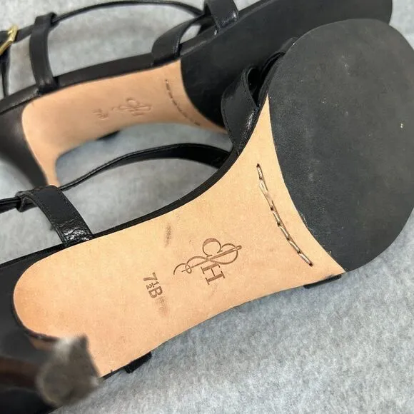 Cole Haan Size 7 1/2 B Black Leather Strappy Heels 7.5 Bartlett Sandal Heel