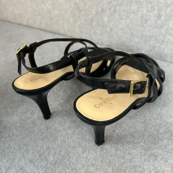 Cole Haan Size 7 1/2 B Black Leather Strappy Heels 7.5 Bartlett Sandal Heel