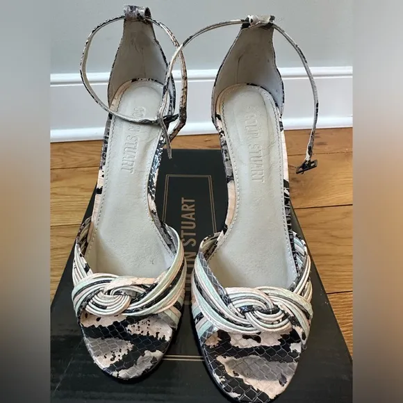 Colin Stuart leather strappy heels: snake skin print in multi color size 6