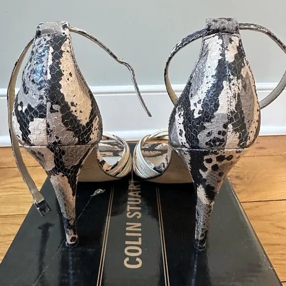 Colin Stuart leather strappy heels: snake skin print in multi color size 6