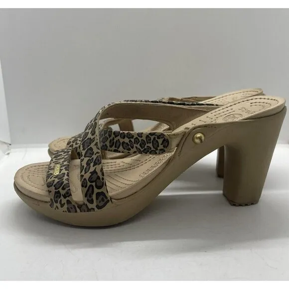 Crocs Cyprus IV 16140 Tan Leopard Print Slip On Strappy Block Heels Women's Sz 9