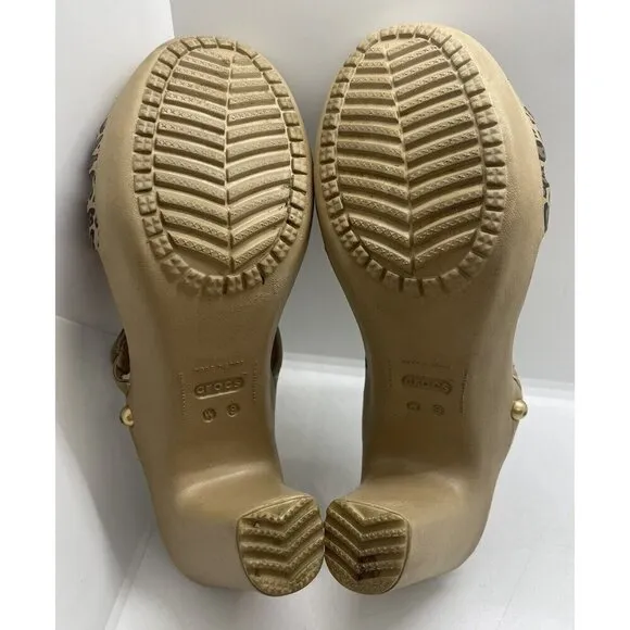 Crocs Cyprus IV 16140 Tan Leopard Print Slip On Strappy Block Heels Women's Sz 9