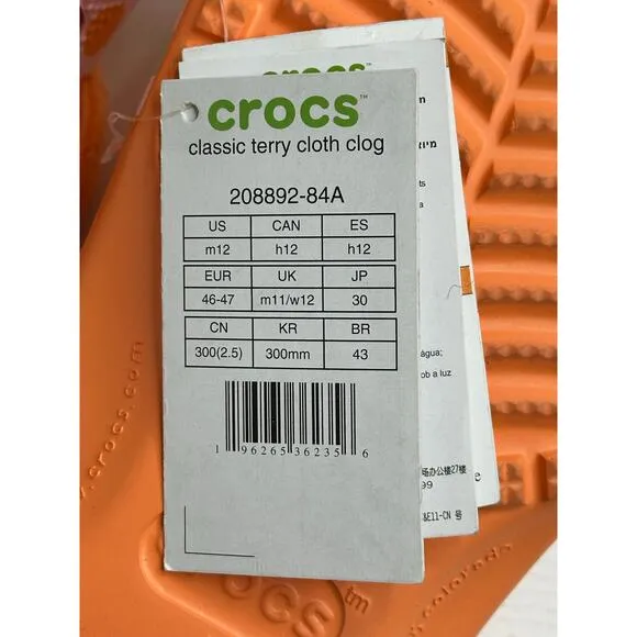 Crocs New! Zen Garden Sensory Classic Terry Cloth Unisex Clog Comfort M 12/W 14