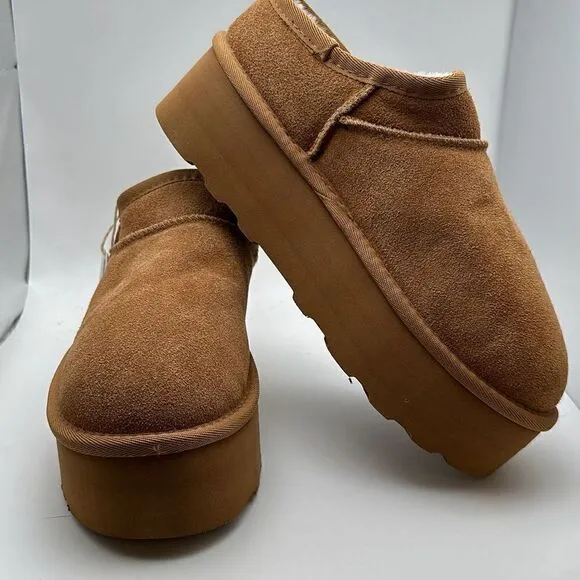 CUSHIONAIRE Women's Genuine Suede Cozy Mule Platform  Memory Foam 8.5 CHESTNUT