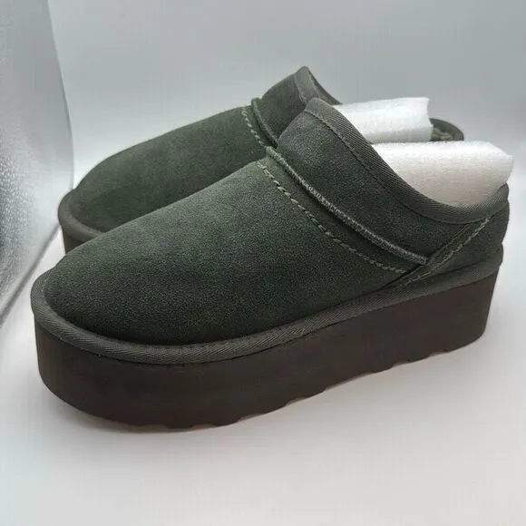 CUSHIONAIRE Women's Huggy Genuine Suede Cozy Mule Platform SIZE 8 OLIVE