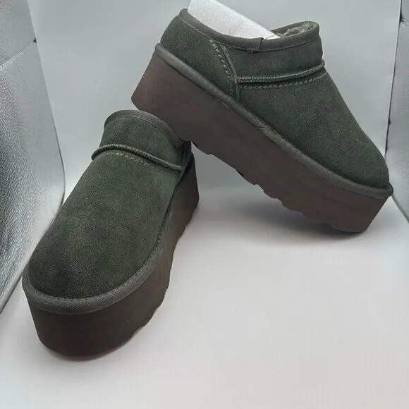 CUSHIONAIRE Women's Huggy Genuine Suede Cozy Mule Platform SIZE 8 OLIVE