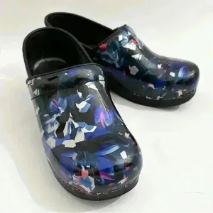 Dansko Blue Garden Patent Professional Clogs | Black Blue Floral | SZ 40