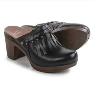 Dansko Deni Fringe Clogs Black Leather 38 Platform Heeled Mules