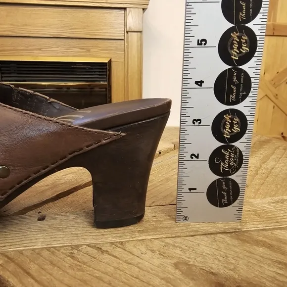 Dansko Distressed Brown Leather Copper Studded Open Back Heeled Wooden Clog