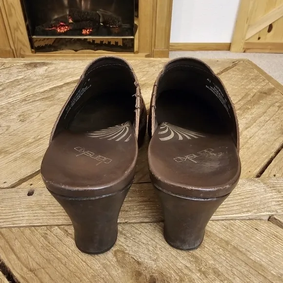 Dansko Distressed Brown Leather Copper Studded Open Back Heeled Wooden Clog