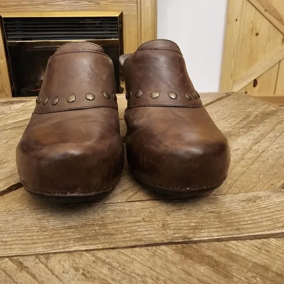 Dansko Distressed Brown Leather Copper Studded Open Back Heeled Wooden Clog