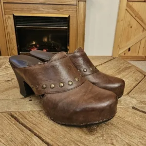 Dansko Distressed Brown Leather Copper Studded Open Back Heeled Wooden Clog