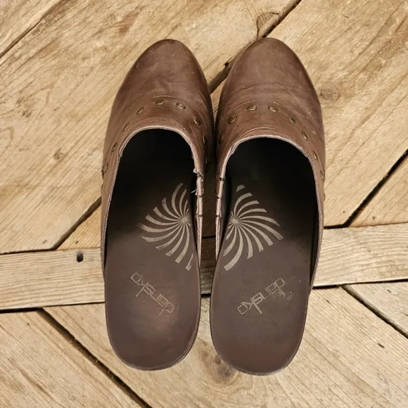 Dansko Distressed Brown Leather Copper Studded Open Back Heeled Wooden Clog