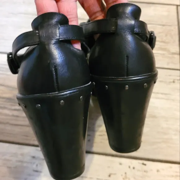DANSKO Franka black leather wedge ankle strap studs heeled clogs casual W 10.5