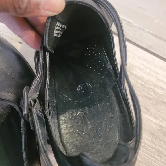 DANSKO Franka black leather wedge ankle strap studs heeled clogs casual W 10.5