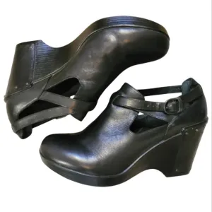 DANSKO Franka black leather wedge ankle strap studs heeled clogs casual W 10.5