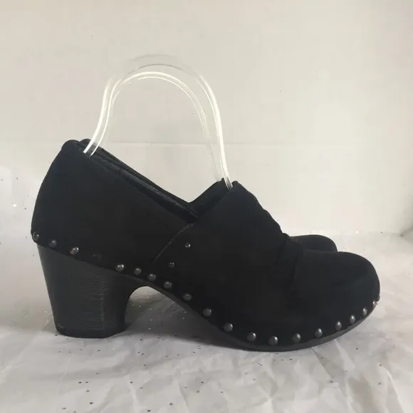 Dansko Nori Black Suede Wood Grain Heel Clog Studded Detail - Sz 38 Bohemian