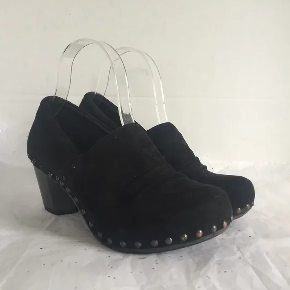 Dansko Nori Black Suede Wood Grain Heel Clog Studded Detail - Sz 38 Bohemian