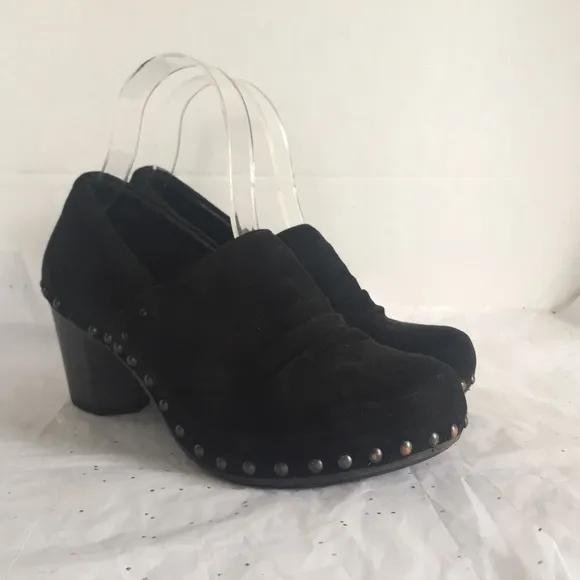 Dansko Nori Black Suede Wood Grain Heel Clog Studded Detail - Sz 38 Bohemian