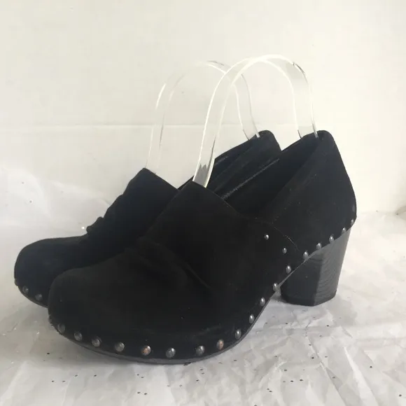 Dansko Nori Black Suede Wood Grain Heel Clog Studded Detail - Sz 38 Bohemian