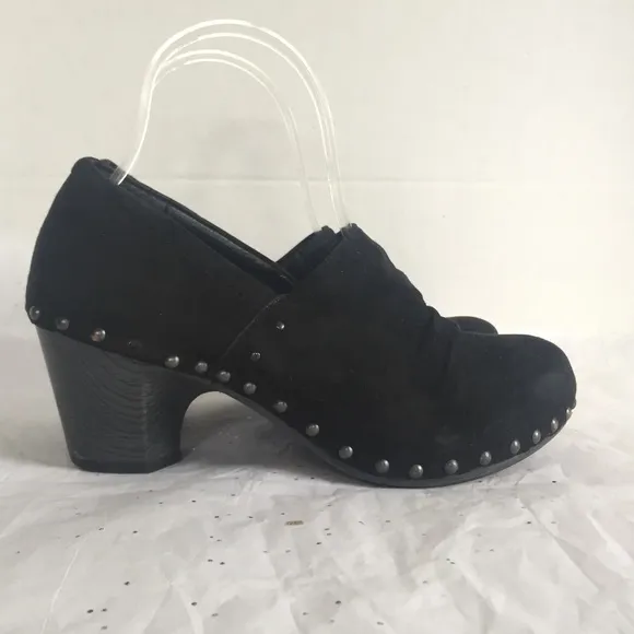 Dansko Nori Black Suede Wood Grain Heel Clog Studded Detail - Sz 38 Bohemian
