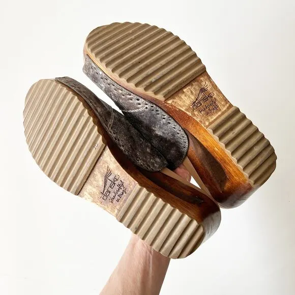 Dansko Platform Heeled Clogs Sage Metallic Boho Studded Leather Size 41 10.5-11