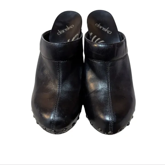 Dansko Rae Black Leather Studded Slip On Heeled Clogs 38 US 8