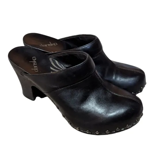 Dansko Rae Black Leather Studded Slip On Heeled Clogs 38 US 8