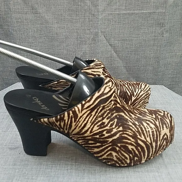 Dansko Rae Zebra Calf Hair Heeled Clogs Sz 39