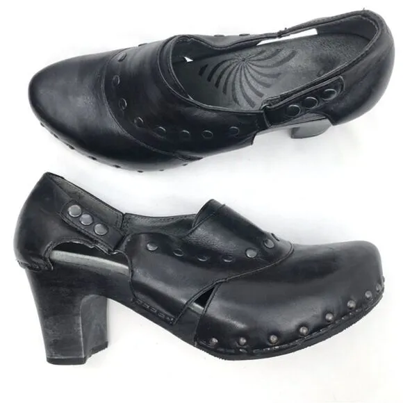 Dansko RYDER Black Leather Studded Heeled Platform Clogs