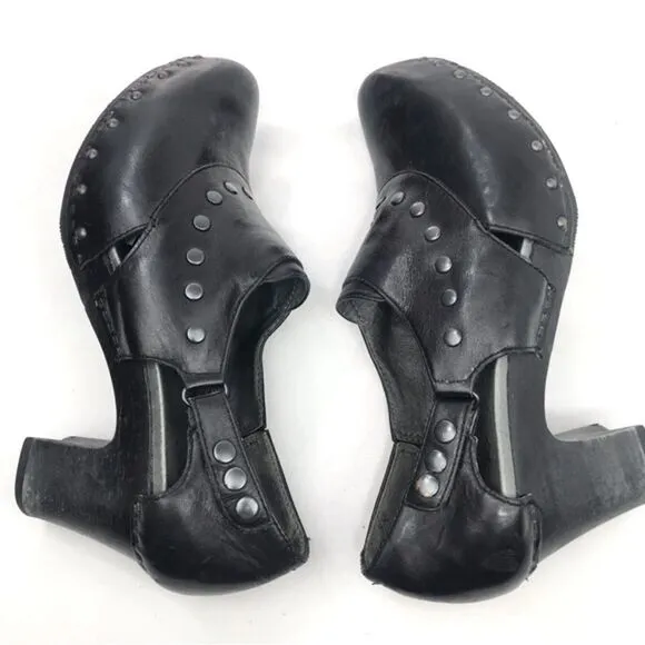 Dansko RYDER Black Leather Studded Heeled Platform Clogs