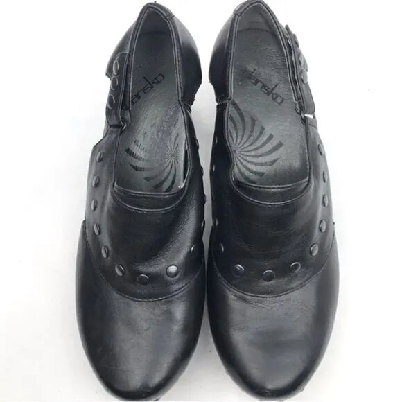 Dansko RYDER Black Leather Studded Heeled Platform Clogs